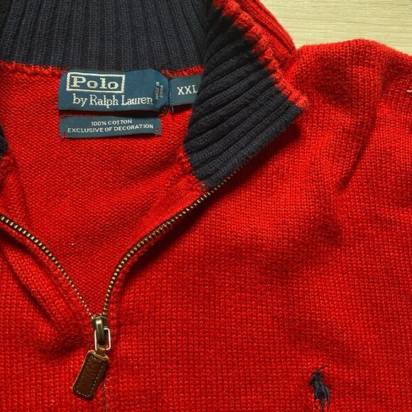 Vintage Polo Ralph Lauren Mens Red Quarter Zip Estate Rib Pullover Sweater 2XL - Picture 3 of 5